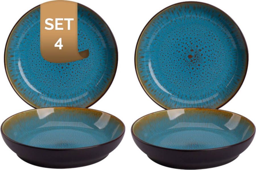 Palmer Bord diep Lotus 21 cm Turquoise Zwart Stoneware 4 stuks