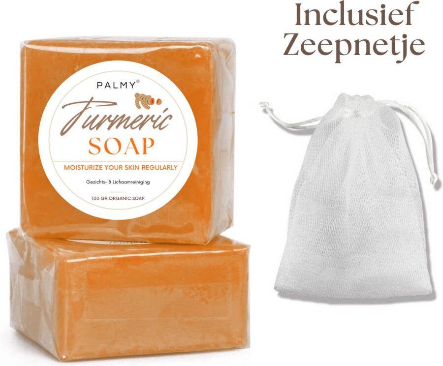 PALMY Turmeric Soap (Incl. Zeepnetje) Kurkuma Zeep 100% Natuurlijk Gezichtsreiniging Lichaamsreiniging Body wash Handzeep Douchezeep Anti Acne Anti littekens (Gratis Levering)