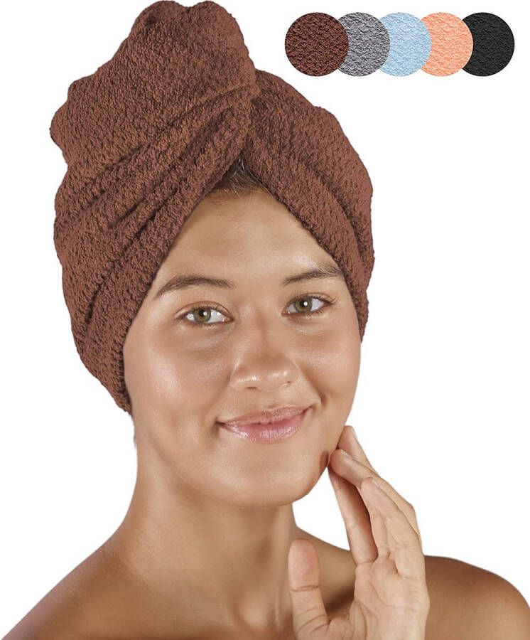 Pamuq haartulband 100% katoen bruin set van 2 met 2 knopen tulband handdoek knop haarhanddoek hoofdhanddoek knop haartulband sneldrogende haarhanddoek handdoek haardrooghanddoek