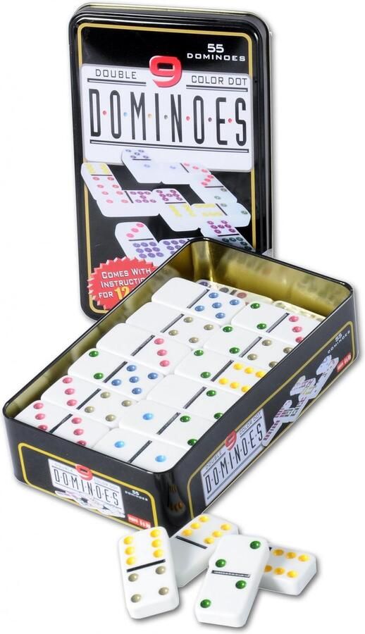 Longfield Games Domino spel dubbel double 9 in blik en 55x gekleurde stenen Kansspelen