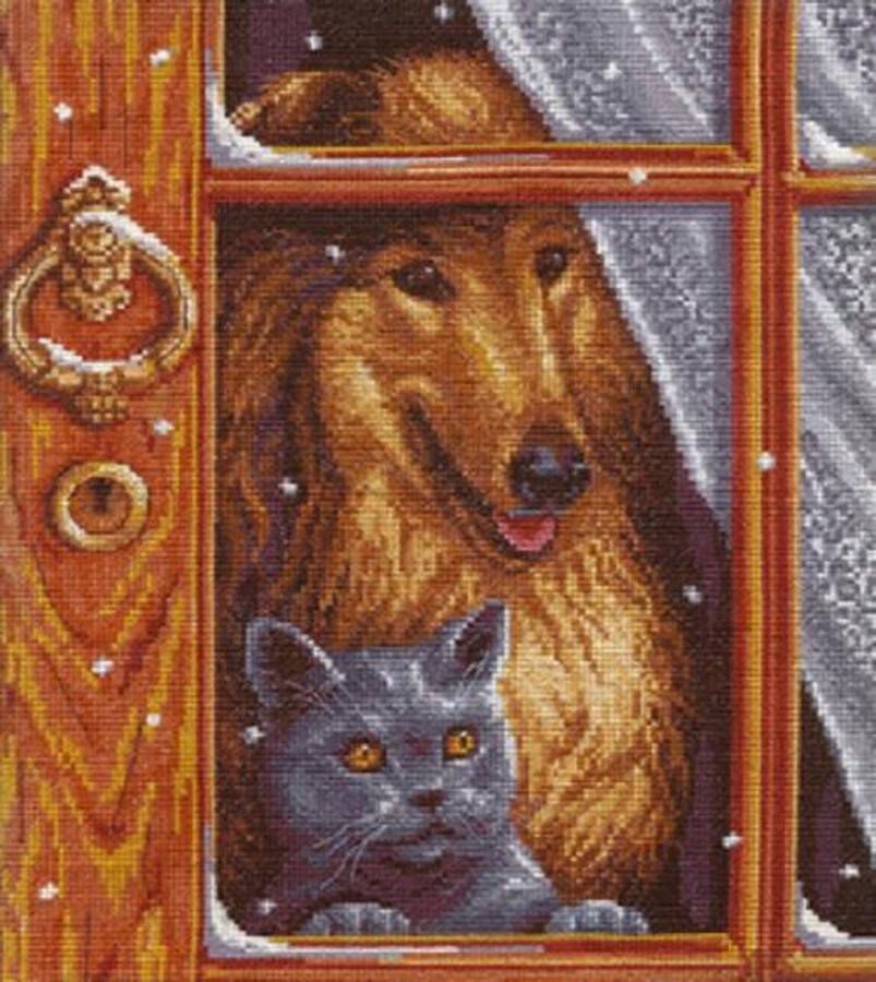Panna borduurpakket kat en hond voor het raam