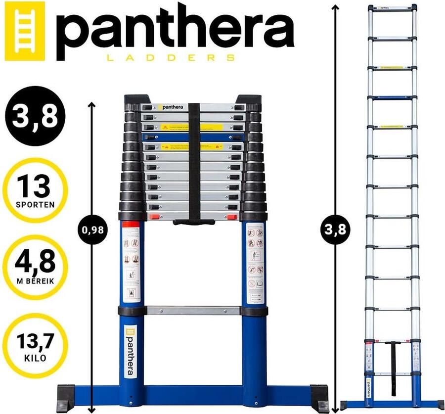 Panthera Telescoopladder 3 8 meter Stabilisatievoet Soft Closing 12 8 kg