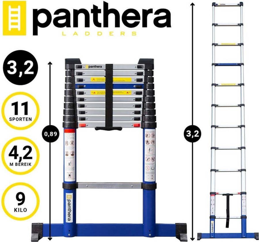 Panthera Telescoopladder 3 2 meter Ladders Aluminium Max werkhoogte 4 2 meter Stabilisatievoet Soft Closing 12 kg voor Particulier en Professioneel gebruik