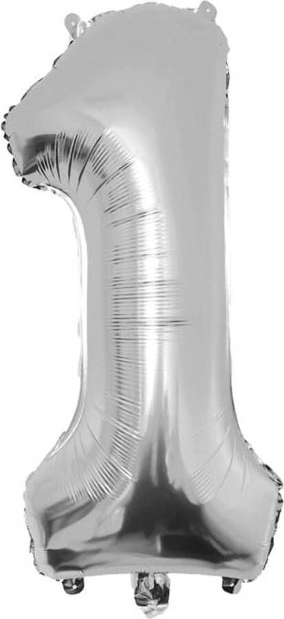 Paper dreams Folie ballon cijfer 1 86 cm Zilver verjaardag jubileum geschikt voor helium en lucht inclusief rietje