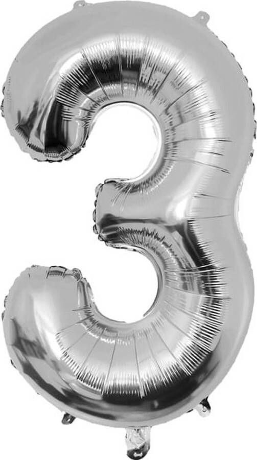 Paper dreams Folie ballon cijfer 3 86 cm Zilver verjaardag jubileum geschikt voor helium en lucht inclusief rietje
