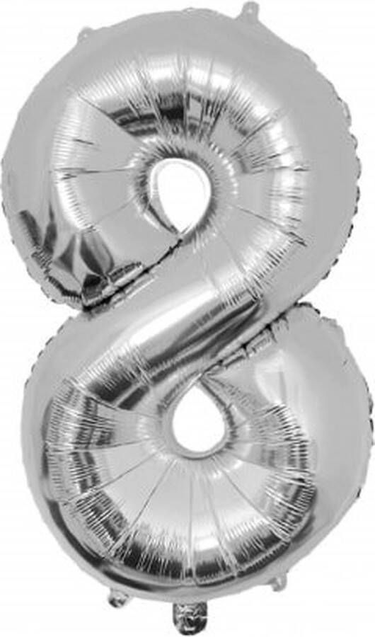 Paper dreams Folie ballon cijfer 8 86 cm Zilver verjaardag jubileum geschikt voor helium en lucht inclusief rietje