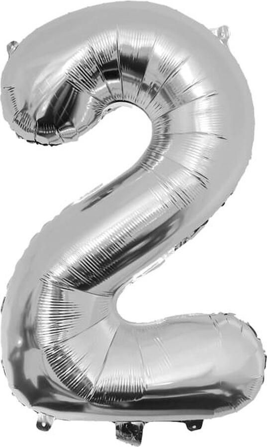 Paper dreams Folie ballon cijfer 2 86 cm Zilver verjaardag jubileum geschikt voor helium en lucht inclusief rietje