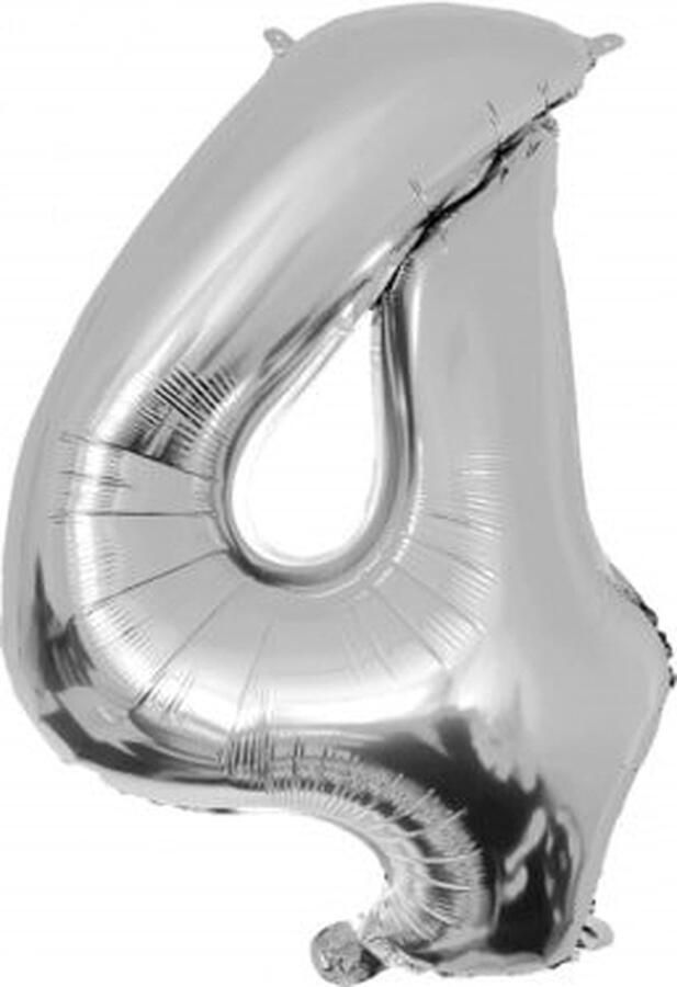 Paper dreams Folie ballon cijfer 4 86 cm Zilver verjaardag jubileum geschikt voor helium en lucht inclusief rietje