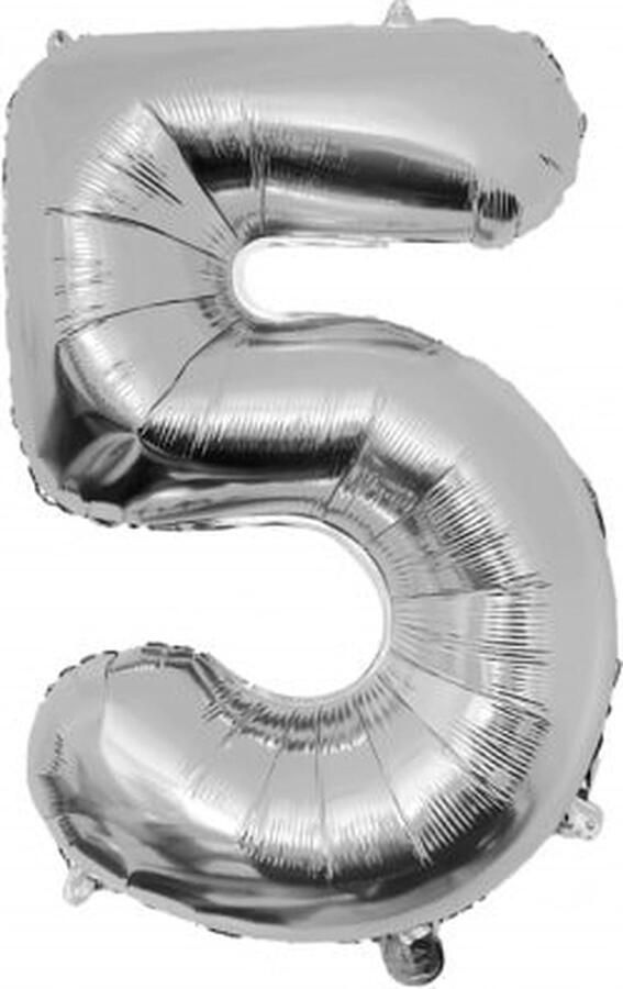 Paper dreams Folie ballon cijfer 5 86 cm Zilver verjaardag jubileum geschikt voor helium en lucht inclusief rietje