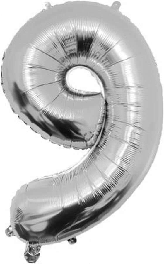 Paper dreams Folie ballon cijfer 9 86 cm Zilver verjaardag jubileum geschikt voor helium en lucht inclusief rietje