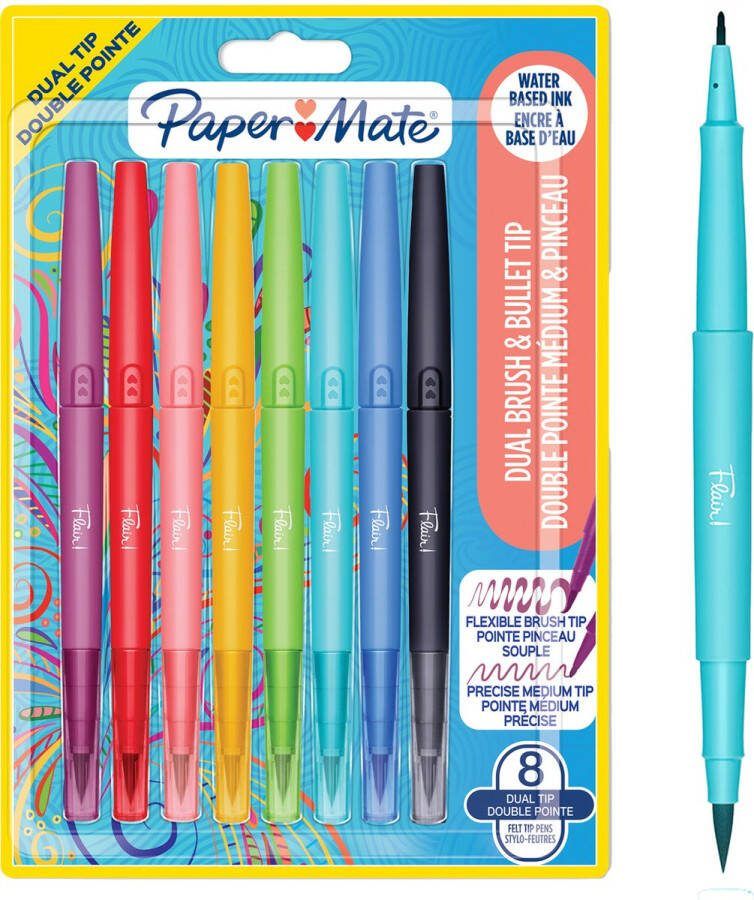 Paper Mate Flair DUAL Viltstift Penseel en Medium Uiteinde (0 7mm) Gekleurde Pennen met Twee Uiteinden Kleuren 8 Stuks
