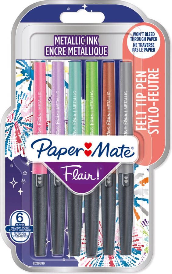 Paper Mate Flair metalen viltstiften glitterende inkt schijnt op wit papier kleuren mediumpunt (0 7 mm) 6 stuks