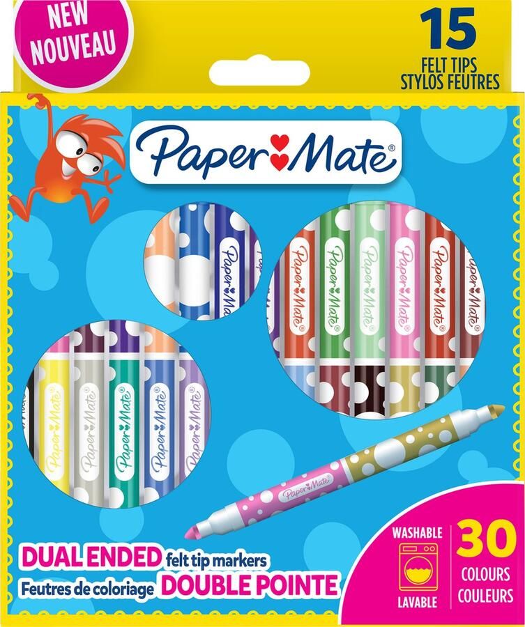Paper Mate viltstiften voor kinderen Dubbelzijdig ontwerp Uitwasbare inkt kleuren 12 viltstiften (24 kleuren)