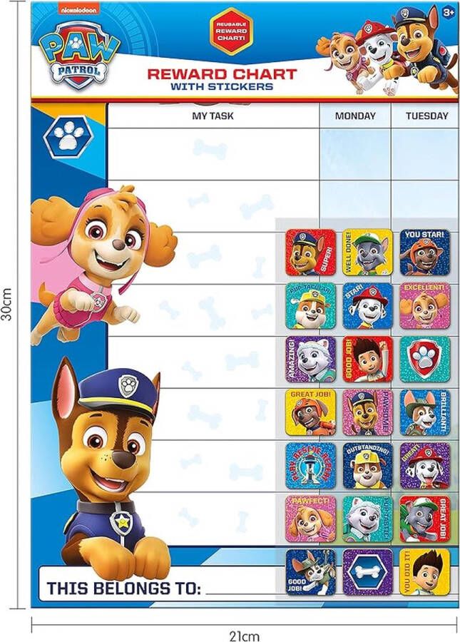 Paper Projects Paw Patrol beloningskaart 56 sprankelende stickers 29 7 cm x 42 cm Marshall Skye Rubble Chase en Everest Beloningssysteem Beloningskaart