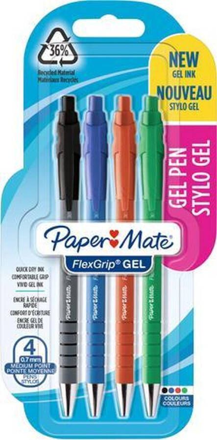 Paper Mate FlexGrip gelpennen medium punt (0 7 mm) zwarte blauwe rode en groene inkt 4 stuks