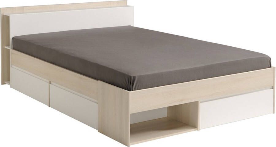 PARISOT MUST Modern bed voor volwassenen met lades Acaciahout en wit decor L 140 x L 190 200 cm