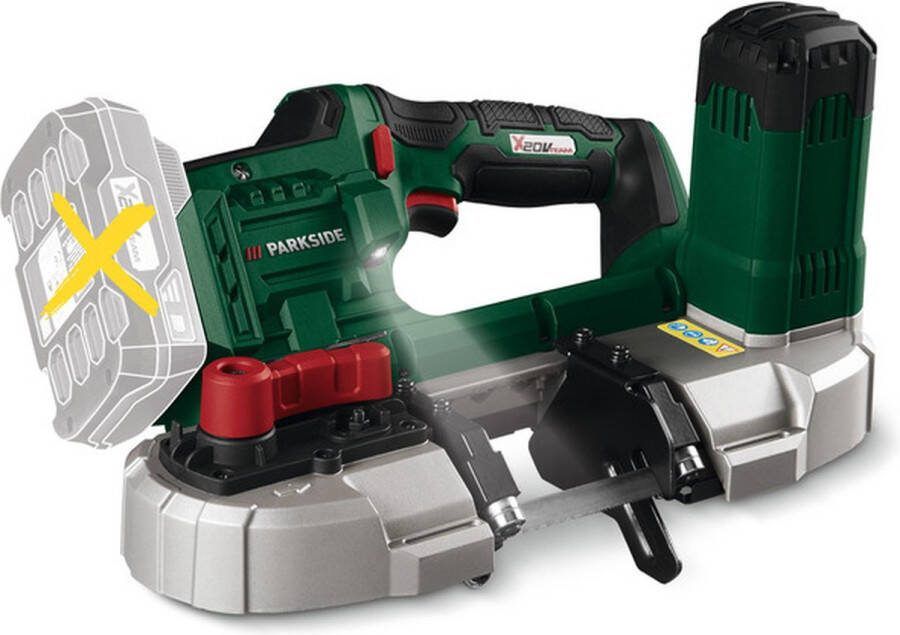 PARKSIDE Accu-bandzaag 20V zonder accu Stationair toerental: 370-670 tpm (6-traps) Zaagsnelheid: 1 5 2 7 m s Zaagdiepte: 63 5 mm Inclusief 1 zaaglint (voorgemonteerd) 1 inbussleutel (opgeborgen op het apparaat) 1 extra handgreep