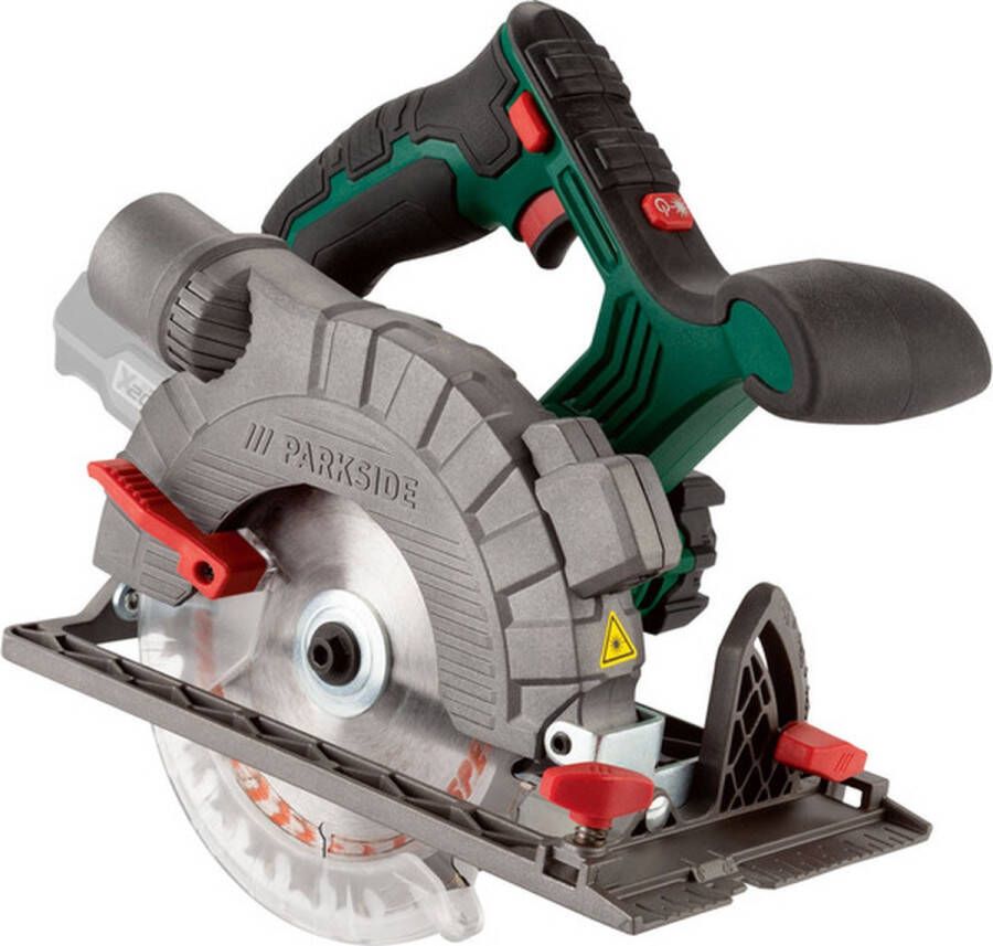PARKSIDE Accu-handcirkelzaag 20V zonder accu Toerental: 3800tpm Ø zaagblad: 150mm Inclusief zaagblad Ø150 x Ø16mm (met 24 tanden voorgemonteerd) inbussleutel parallelaanslag adapter voor externe stofafzuiging en transportkoffer