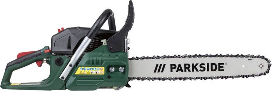 PARKSIDE Benzine kettingzaag Vermogen: 2 kW (2 72 pk) Kettingsnelheid: 22 1 m s Zaaglengte: 45 cm Inclusief oorbeschermers one size “S M L” veiligheidsbril beschermhoes combinatiegereedschap brandstofmengfles 500 ml zaagkettingolie