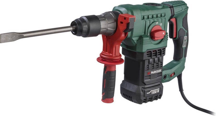 PARKSIDE Boor- en beitelhamer 1550W Inclusief 1x spitse beitel (250 mm) 1x platte beitel (250 mm) 3x SDS boren (12 x 160 mm 16 18 x 250 mm) 50 g vet 1x diepteaanslag 1x tandwielboorhouder 1x boorkopsleutel 1x sleutel behuizingsdeksel