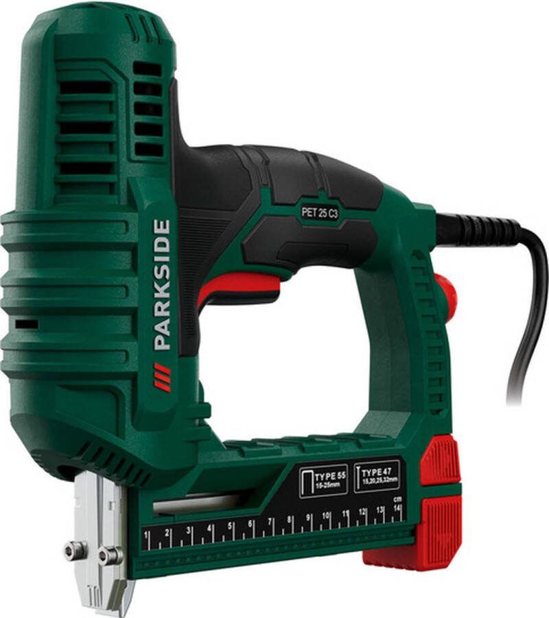 PARKSIDE Elektrisch spijkerpistool Aantal slagen: max. 30 per minuut Geschikt voor: nietjes (15-25 mm) en spijkers (15 20 25 en 32 mm) Inclusief 500 nietjes (200x 15 mm 300x 25 mm) 500 spijkers (200x 25 mm 300x 32 mm) en 1 inbussleutel