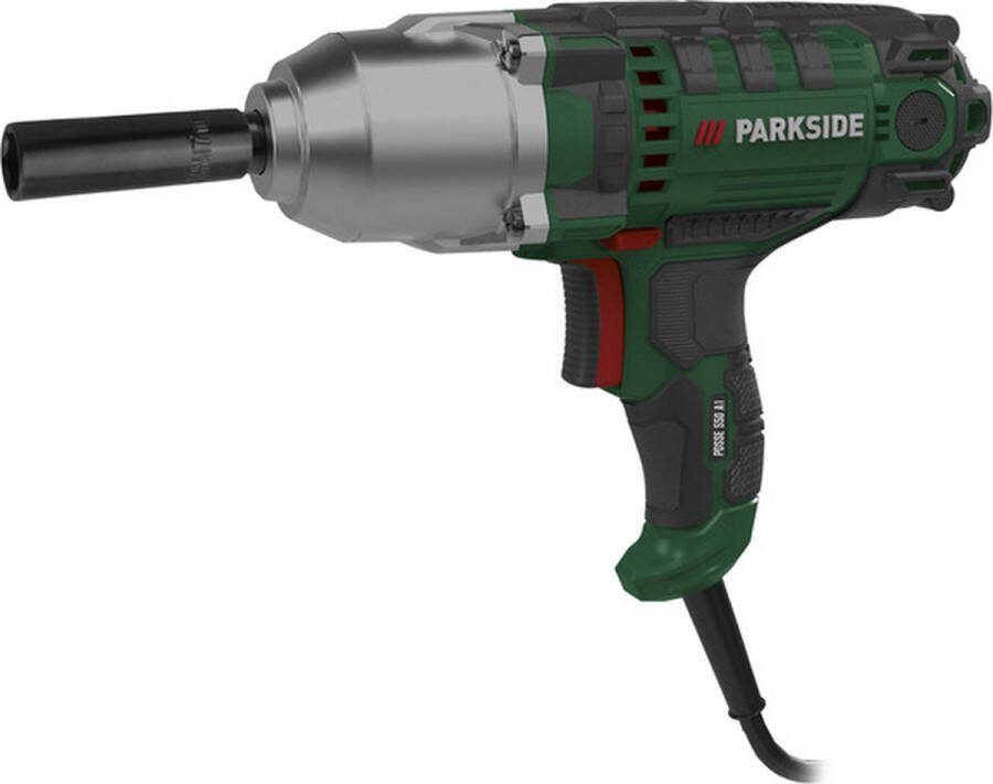 PARKSIDE Elektrische slagmoersleutel Vermogen: 550 W Draaimoment: max. 500 Nm Toerental: 3.700 tpm Inclusief 4x stopcontacten (17 mm 19 mm 21 mm 22 mm) 1x reservekoolborstelset