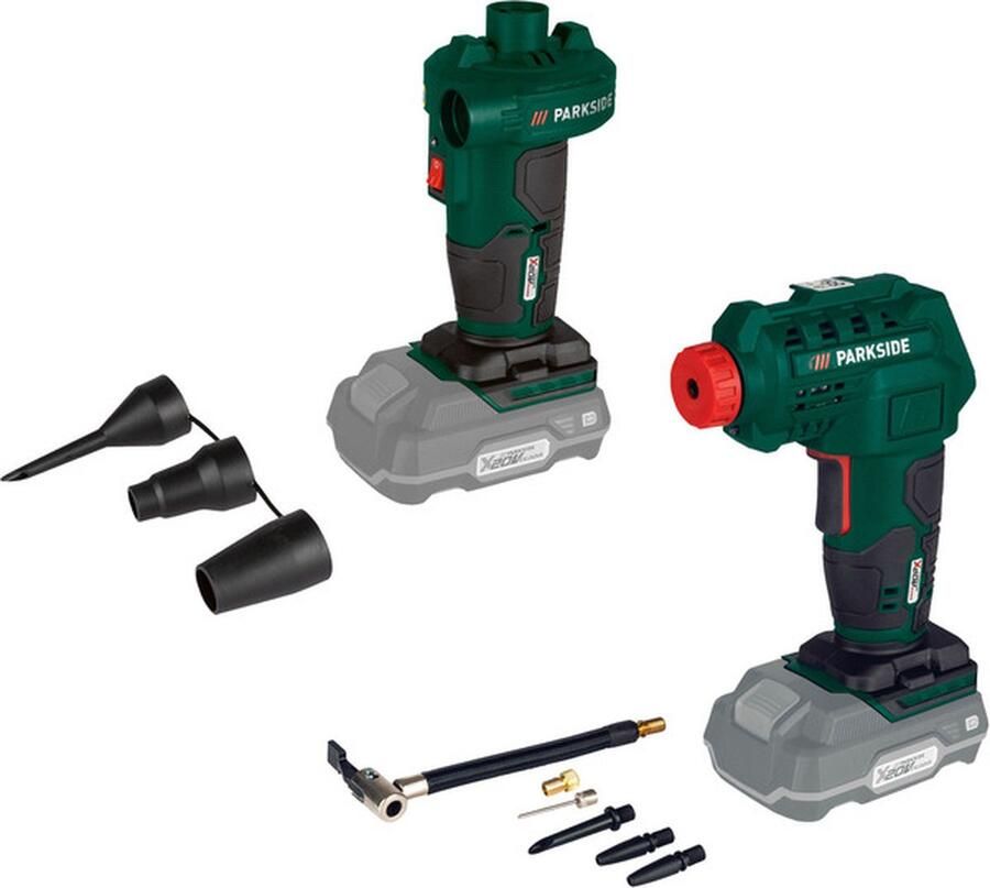 PARKSIDE Accu compressor en luchtpomp 20V zonder accu Compressor werkdruk: max. 7 bar Luchtpomp luchtdebiet: 70 m³ u Inclusief draagkoffer en 10 adapters