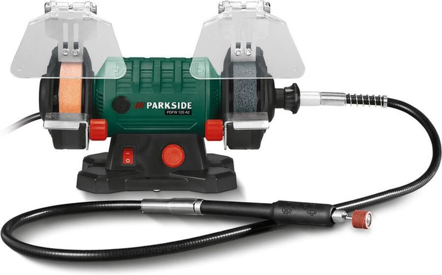 PARKSIDE Dubbele slijpmachine 120 W Tafelslijpmachine Stationair toerental: 0 11.500 tpm Werksnelheid: tot 45 m sec Lengte flexibele as: 100 cm Diameter schuurschijf: Ø75 mm Diameter polijstschijf: Ø20 mm