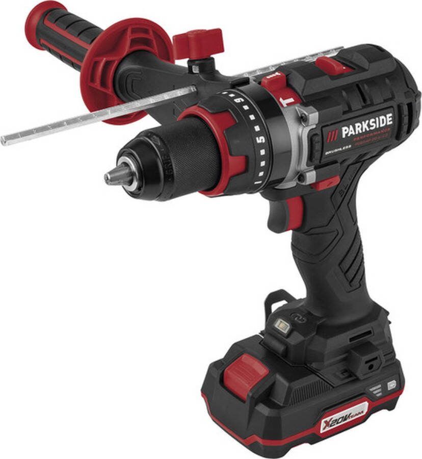 Parkside Performance Accu-klopboormachine 20V inclusief 2 accu's en snellader extra handgreep diepteaanslag cuttermes meetlint ratelschroevendraaier schroevendraaier-bithouder 6 houtboren 6 metaalboren 6 steenboren 2 bithouder 72 bits