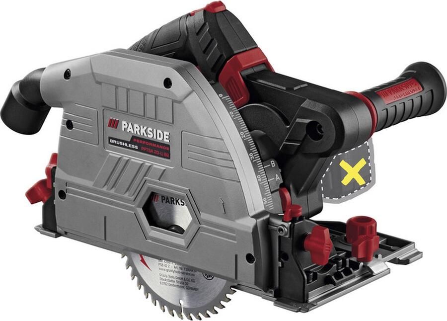 Parkside Performance Accu-invalzaag 20V zonder accu Cirkelzaag met geleiderail 1x universeel zaagblad (Ø 140 mm) met 42 tanden 1x parallelle aanslag 2 delige geleiderail met verbindingselement 2x inbussleutel 1x reduceerstuk