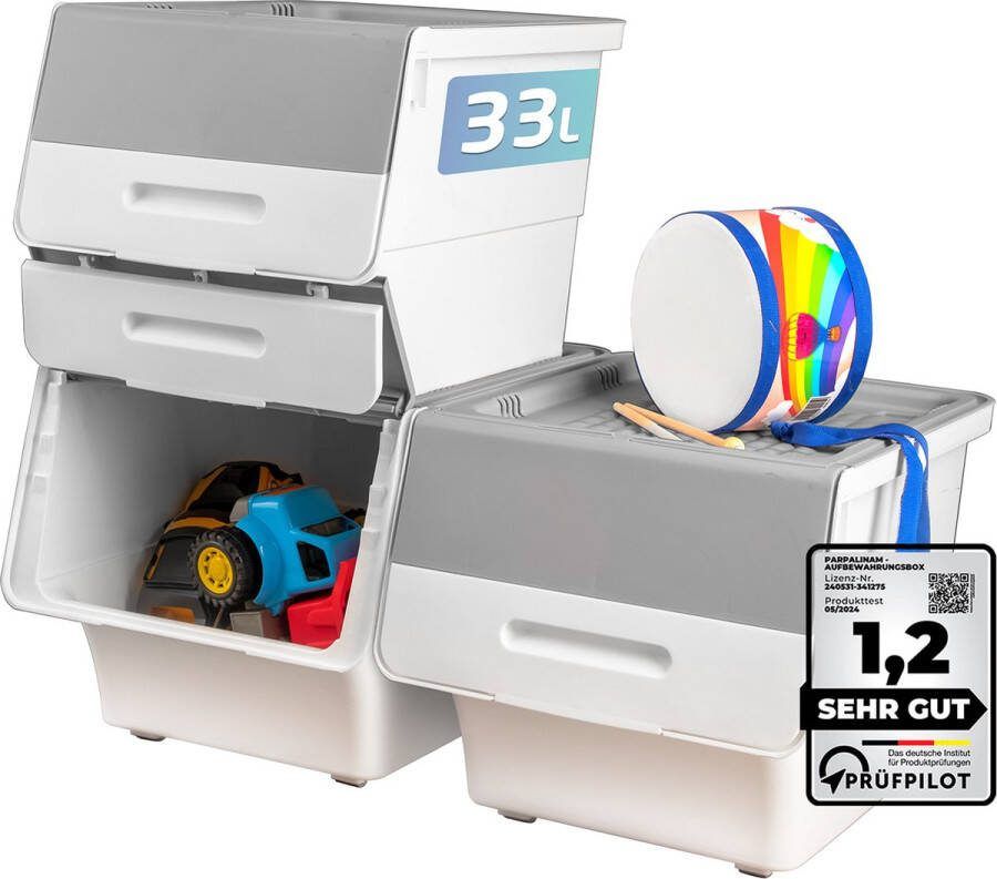 Parpalinam Opbergboxen met deksel en wieltjen Set van 3 Stapelbaar prullenbakken Opbergbak met deksel badkamer organizer BPA-vrij opbergdoos speelgoed opbergbox met deksel 33L Grijs Wit
