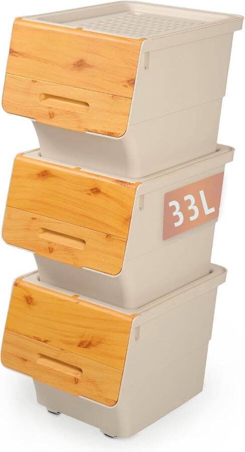 Parpalinam Opbergboxen met deksel en wieltjen Set van 3 Stapelbaar prullenbakken Opbergbak met deksel badkamer organizer BPA-vrij opbergdoos speelgoed opbergbox met deksel 33L Bamboe Beige