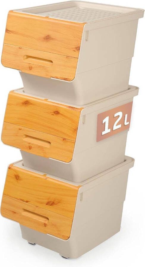 Parpalinam Opbergboxen met deksel en wieltjen Set van 3 Stapelbaar prullenbakken Opbergbak met deksel badkamer organizer BPA-vrij opbergdoos speelgoed opbergbox met deksel 12L Bamboe Beige