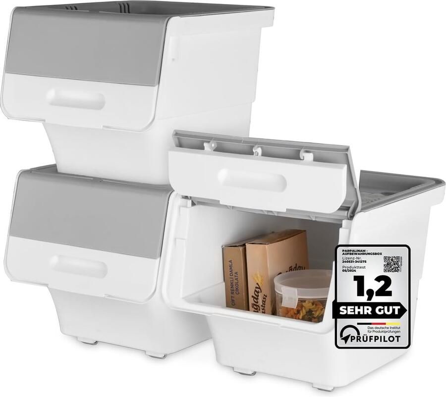 Parpalinam Opbergboxen met deksel en wieltjen Set van 3 Stapelbaar prullenbakken Opbergbak met deksel badkamer organizer BPA-vrij opbergdoos speelgoed opbergbox met deksel 12L Grijs Wit