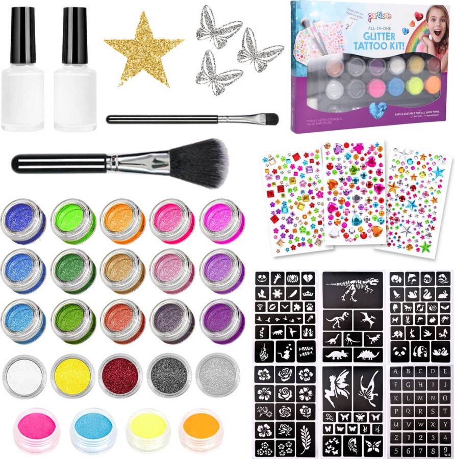 Partizzle Compleet Glitter Tattoo Set Schmink Sjablonen Lijm en Penselen Gezicht Nep Neon Tattoos Kerstcadeau Kinderen 24 Kleuren