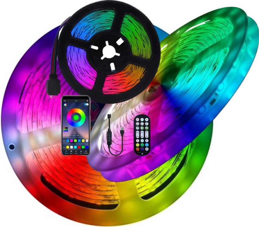 Partydance Lichtstrip Ledstrip 15 meter RGB USB Bluetooth Flexibel Zelfklevend Voor binnen Plak achter je TV Plak rond je Kozijn Plak rond je spiegel Plak waar jij het wilt Geniet van de kleuren met Afstandsbediening en App
