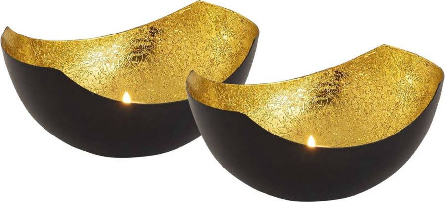 Parya HOME Waxinelichthouder set 2 stuks Kandelaar Love bowl vorm zwart mat vergulde binnenkant