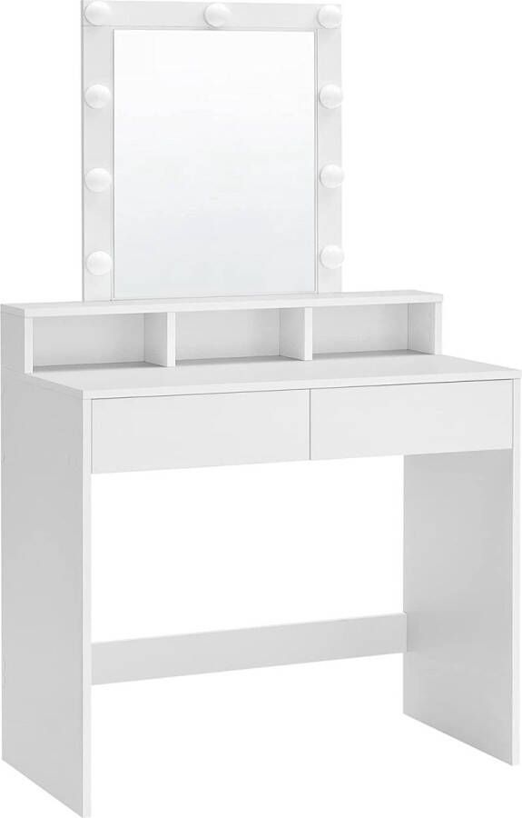 ZAZA Home Make-Uptafel Met Ledverlichting 3 Kleuren Met İnstelbare Helderheid Kaptafel Met Spiegel Voor Make-Up Make-Uptafel Met Verstelbare Planken 2 Laden Modern Wit