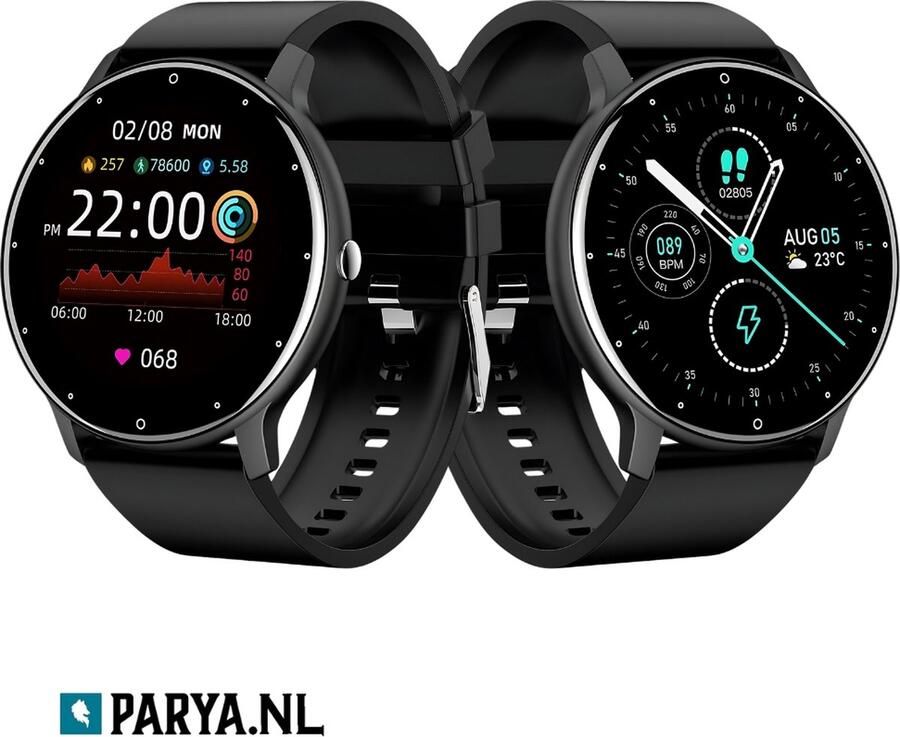 Parya Official Dark Black Smartwatch Heren & Dames HD Full Touchscreen Horloge Stappenteller Bloeddrukmeter Saturatiemeter IOS & Android
