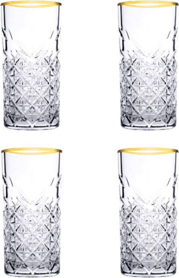 Pasabahce Pasbahce Timeless Retro Longdrink Glazen 45 cl met Gouden Rand Set van 4 Geslepen Cocktailglas
