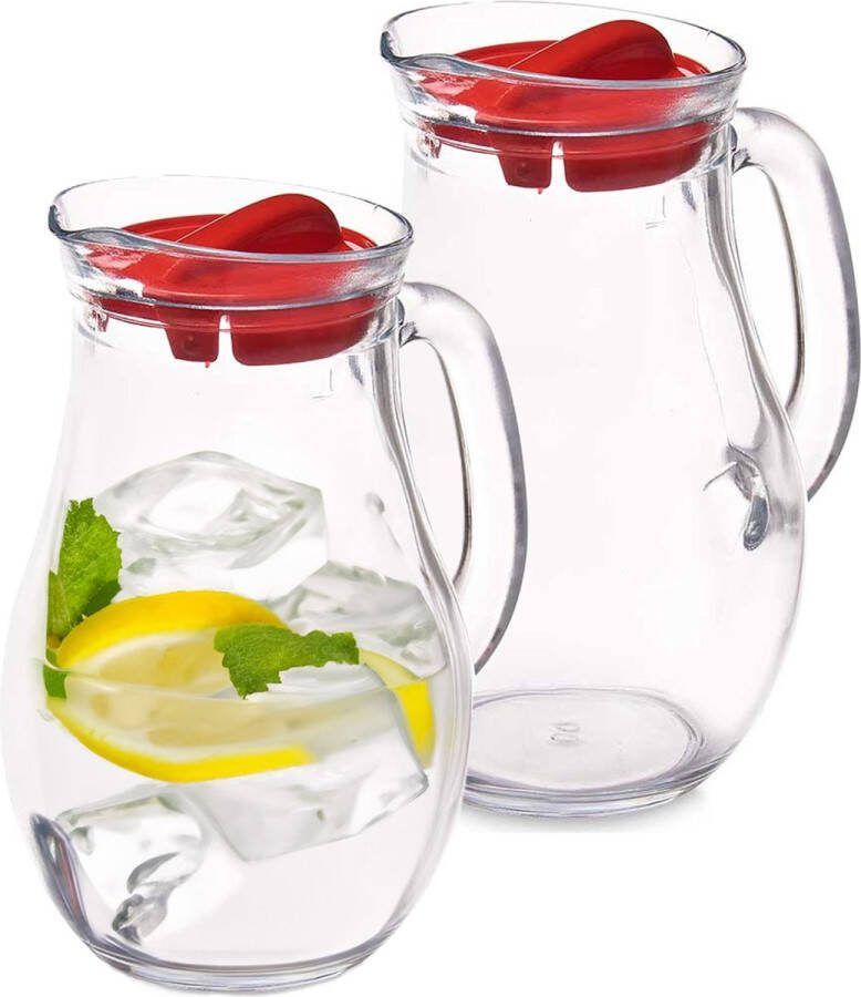 Pasabahce Waterkan sapkan schenkkan met afsluitdop 2x 1 liter glas transparant rood 20 cm