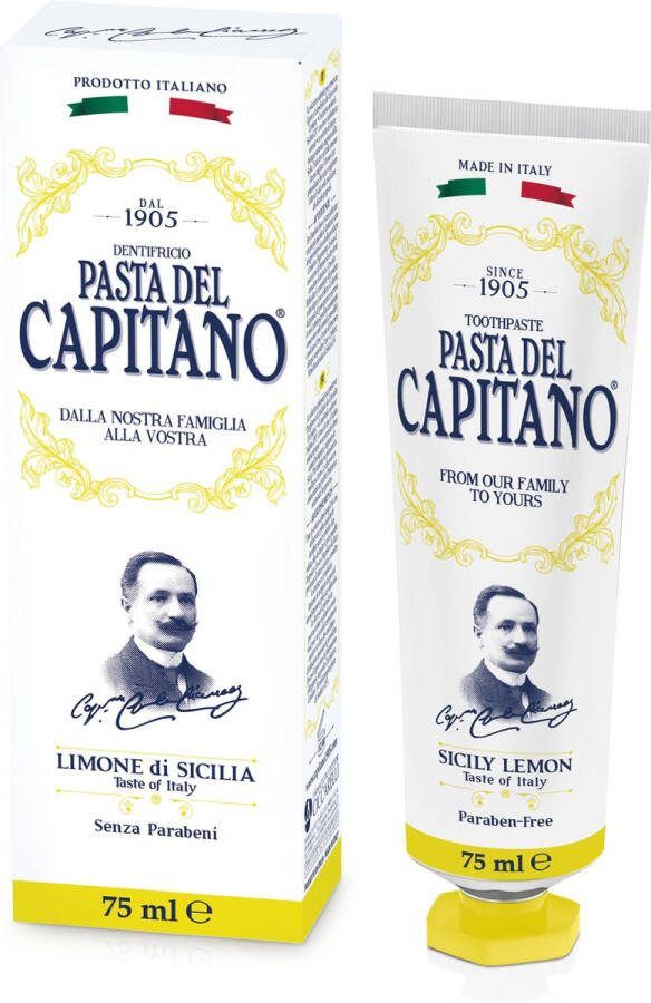 Pasta del Capitano 1905 – Sicily Lemon tandpasta The Taste of Italy: unieke Sicilië citroen tandpasta bevat een natuurlijke biologische citroen extract. Zonder citroenzuur en geeft een sensationele smaak