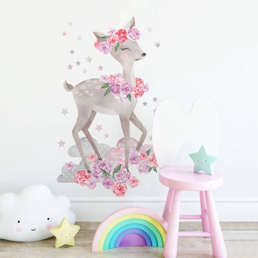 Pastelowe Love Muursticker Hert Pioenrozen Bloemen en wolken Babykamer Kinderkamer Wanddecoratie Roze