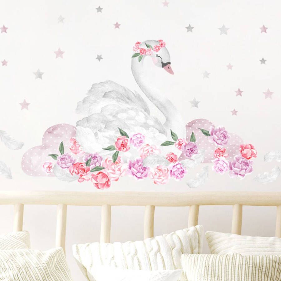 Pastelowe Love Muursticker Zwaan Pioenrozen Babykamer Kinderkamer Wanddecoratie Roze Bloemen Wolken Kraamcadeau