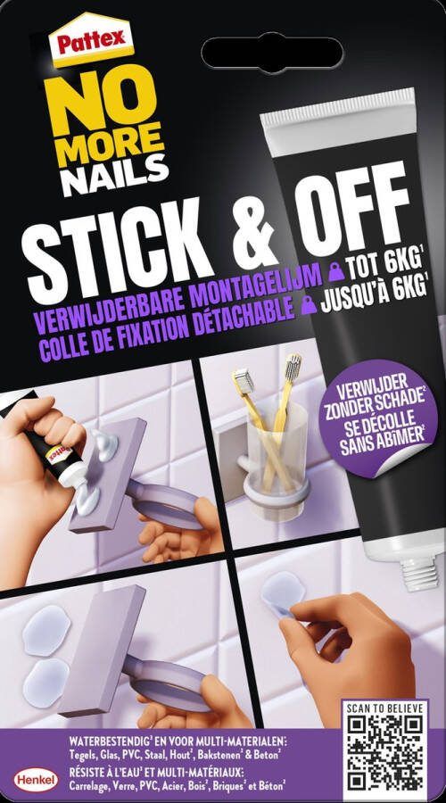 Pattex No More Nails Stick&Off Supersterke Verwijderbare Montagelijm Geen Beschadigingen Houdt tot 6 kg Geschikt voor Binnen & Buiten