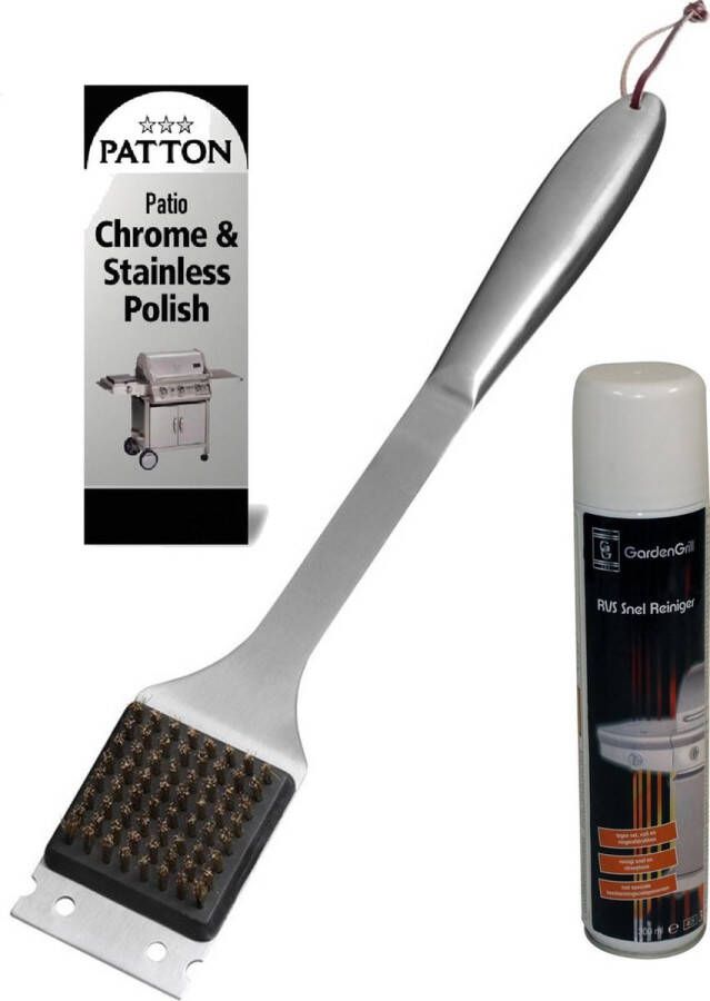 Patton BBQ accesoires 3-delige BBQ schoonmaakset schoonmaak borstel snelreiniger chrome & RVS polish BBQ gereedschap