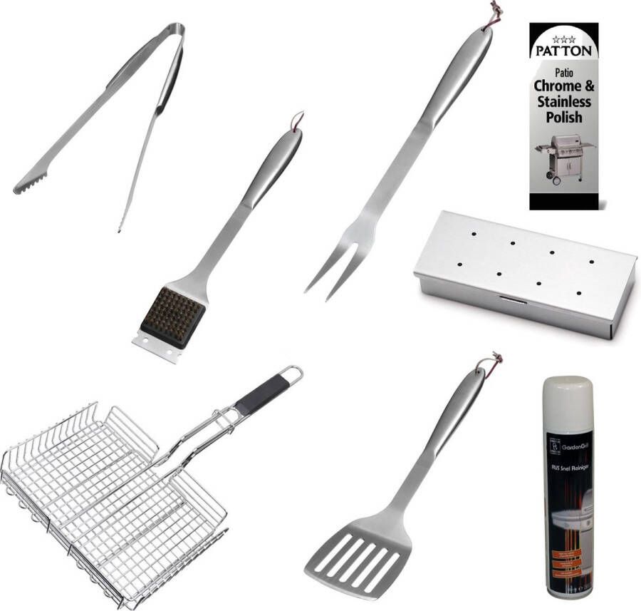 Patton BBQ accesoires 8-delige BBQ set vleestang vork spatel multi grill borstel smokerbox snelreiniger chrome & RVS polish starter kit