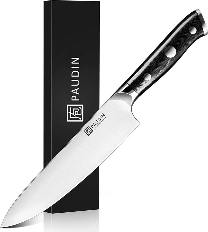 Paudin D1 Professioneel RVS Koksmes 20 cm Vlijmscherp Keukenmes Gemaakt van 58-60 HRC Hoogwaardig Roestvast 7Cr17MoV Carbonstaal Ergonomisch Handvat van Premium G10 Nu extra Scherp Geprijst Black Friday Sint en Kerst