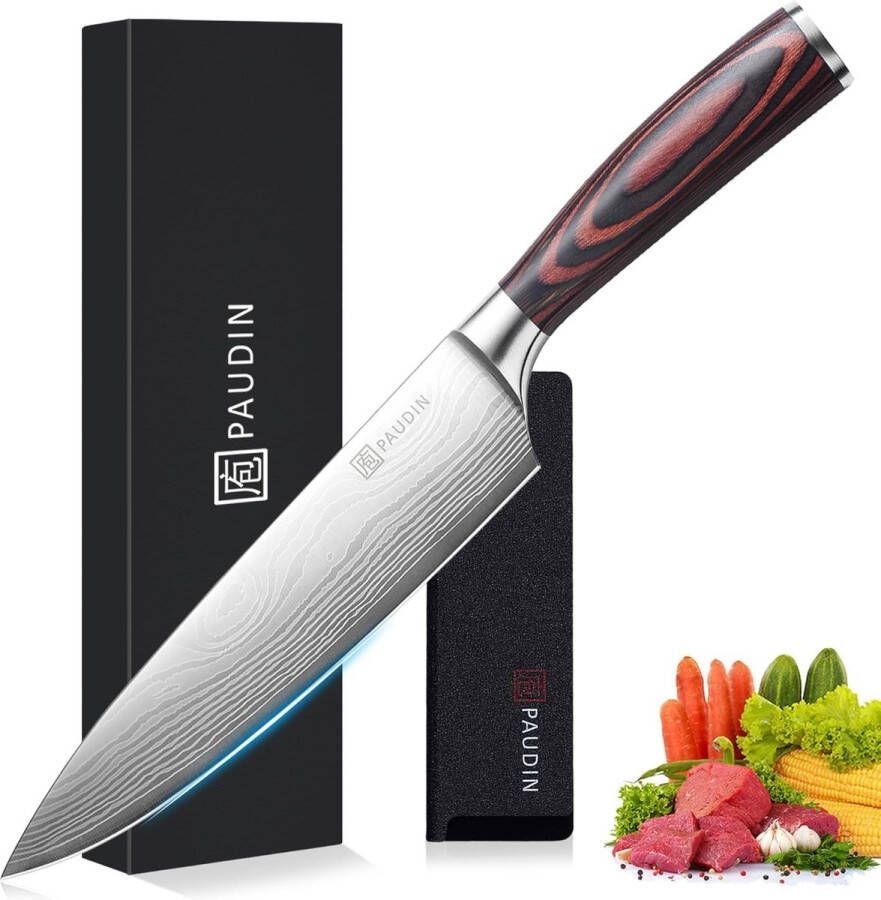 Paudin N1 Professioneel RVS Japans Koksmes 20 cm Vlijmscherp Keukenmes Gemaakt van Hoogwaardig Roestvast Duits Carbonstaal Damascus Patroon Nu extra Scherp Geprijst Black Friday Sint en Kerst