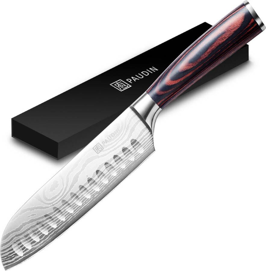 Paudin N5 Professioneel RVS Japans Santoku Mes 17 5 cm Vlijmscherp Keukenmes Gemaakt van Hoogwaardig Duits Roestvast Carbonstaal Damascus Patroon Nu extra Scherp Geprijst Black Friday Sint en Kerst